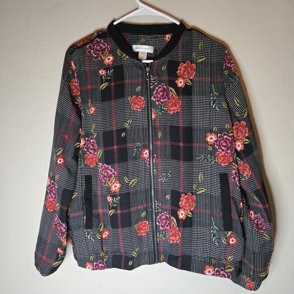 Christopher & Banks Bomber Jacket M Dark Floral Plaid Zip Front Boho Chic
